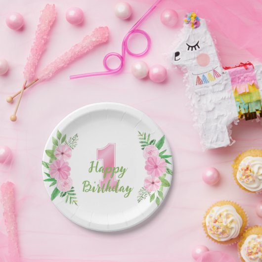 Girl First Birthday Party Platin Pink Green Floral Pappteller (Party)