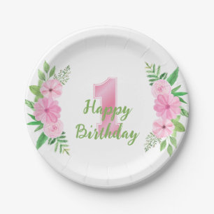 Girl First Birthday Party Platin Pink Green Floral Pappteller
