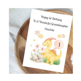 Girl First Birthday Pink Yellow Dinosaur Card Karte