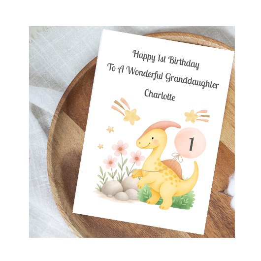 Girl First Birthday Pink Yellow Dinosaur Card Karte