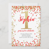 Girl First Birthday Red Gold Number Confetti Einladung (Vorderseite)