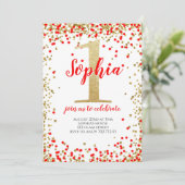 Girl First Birthday Red Gold Number Confetti Einladung (Stehend Vorderseite)