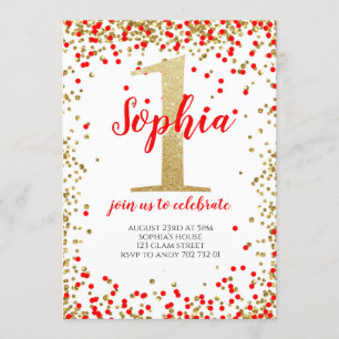 Girl First Birthday Red Gold Number Confetti Einladung