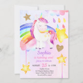 Girl First Birthday Unicorn Regenbogen Wasserfarbe Einladung (Vorderseite)