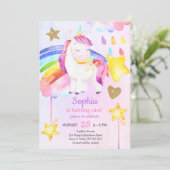 Girl First Birthday Unicorn Regenbogen Wasserfarbe Einladung (Stehend Vorderseite)