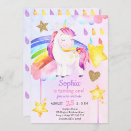 Girl First Birthday Unicorn Regenbogen Wasserfarbe Einladung