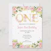 Girl First Birthday Watercolor-Blume Einladung (Vorderseite)