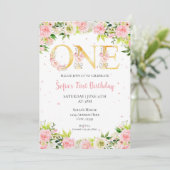 Girl First Birthday Watercolor-Blume Einladung (Stehend Vorderseite)