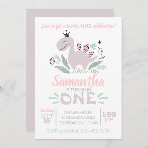 Girl First Birthday Watercolor Lila Dinosaurier Einladung