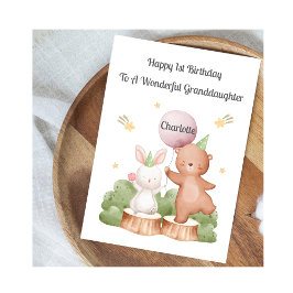 Girl First Birthday Woodland Rabbit Bear Card Karte