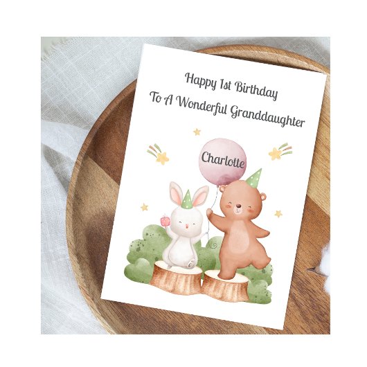 Girl First Birthday Woodland Rabbit Bear Card Karte