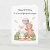 Girl First Birthday Woodland Rabbit Bear Card Karte (Vorderseite)