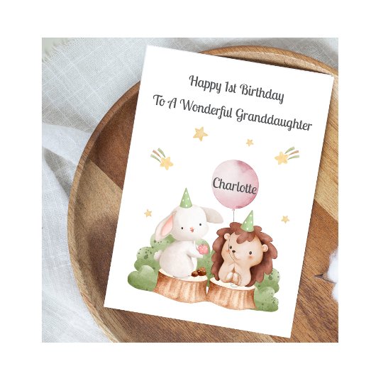 Girl First Birthday Woodland Rabbit Hedgehog Card Karte