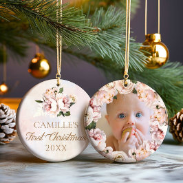 Girl First Christmas Pink Floral Foto Keramik Ornament
