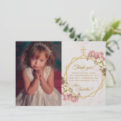 Girl First Commune Gold Cross Marmor Rosa Orchid Dankeskarte (Stehend Vorderseite)