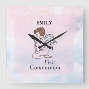 Girl, First Communion Angel Quadratische Wanduhr
