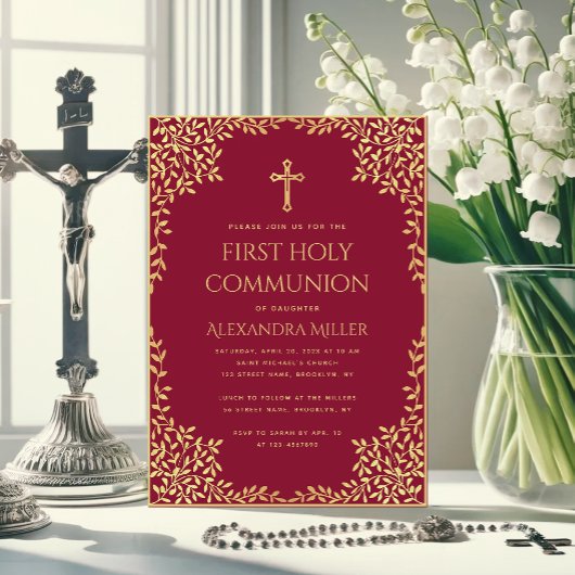 Girl First Communion Burgundy Gold Blätter Vintag Einladung