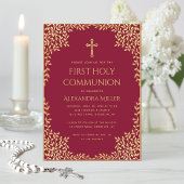 Girl First Communion Burgundy Gold Blätter Vintag Einladung