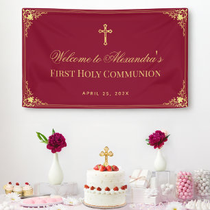 Girl First Communion Burgundy Gold Cross Elegante Banner