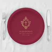 Girl First Communion Burgundy Gold Wappen Elegante Pappteller