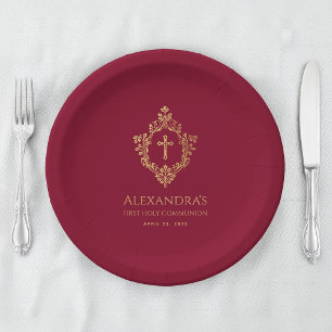 Girl First Communion Burgundy Gold Wappen Elegante Pappteller