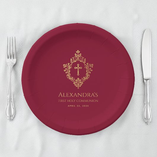 Girl First Communion Burgundy Gold Wappen Elegante Pappteller