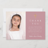 Girl First Communion Dusty Rose Cross Foto Dankeskarte (Vorderseite)