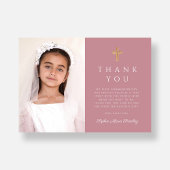 Girl First Communion Dusty Rose Cross Foto Dankeskarte