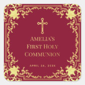 Girl First Communion Elegantes Burgund & Imitats G Quadratischer Aufkleber (Vorderseite)