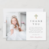 Girl First Communion Floral Cross Foto Dankeskarte (Vorderseite)