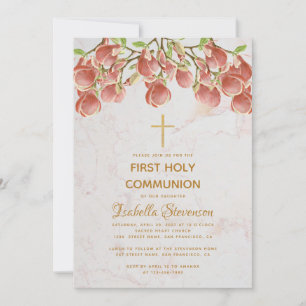 Girl First Communion Floral Pink Magnolia Marmor Einladung