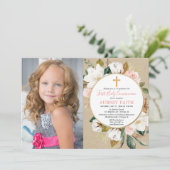 Girl First Communion Foto Einladung rustikal (Stehend Vorderseite)