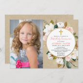 Girl First Communion Foto Einladung rustikal (Vorne/Hinten)