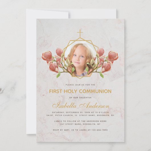 Girl First Communion Foto Rosa Magnolia Marmor Einladung (Vorderseite)