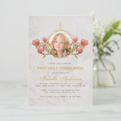 Girl First Communion Foto Rosa Magnolia Marmor Einladung (Stehend Vorderseite)