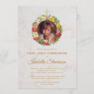 Girl First Communion Foto Rose Wreath Marble Einladung
