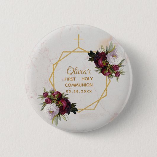 Girl First Communion Gold Burgundy Peonies Marble Button (Vorderseite)