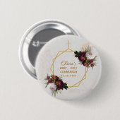 Girl First Communion Gold Burgundy Peonies Marble Button (Vorne & Hinten)