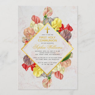 Girl First Communion Gold Marmor Platterbsen Blume Einladung