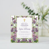 Girl First Communion Lila grüne Violetten Einladung (Stehend Vorderseite)