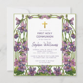 Girl First Communion Lila grüne Violetten Einladung (Vorderseite)