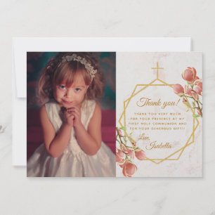 Girl First Communion Marmor Gold Pink Magnolia Dankeskarte