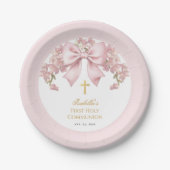 Girl First Communion Pink Bow Floral & Gold Cross Pappteller (Vorderseite)