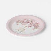 Girl First Communion Pink Bow Floral & Gold Cross Pappteller (Schrägansicht)