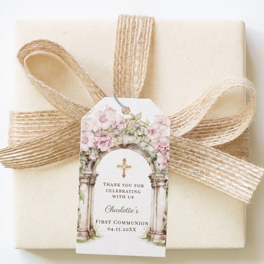 Girl First Communion Pink Florals Arch Cross Geschenkanhänger
