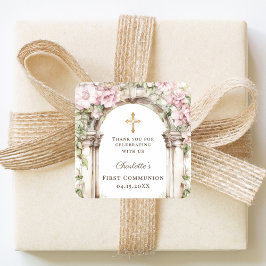 Girl First Communion Pink Florals Arch Cross Quadratischer Aufkleber