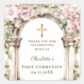 Girl First Communion Pink Florals Arch Cross Quadratischer Aufkleber (Vorderseite)