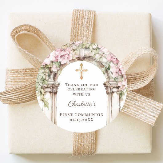 Girl First Communion Pink Florals Arch Cross Runder Aufkleber