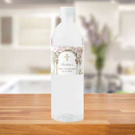 Girl First Communion Pink Florals Arch Cross Wasserflaschenetikett