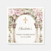 Girl First Communion Pink Florals Arch Gold Cross Serviette (Vorderseite)